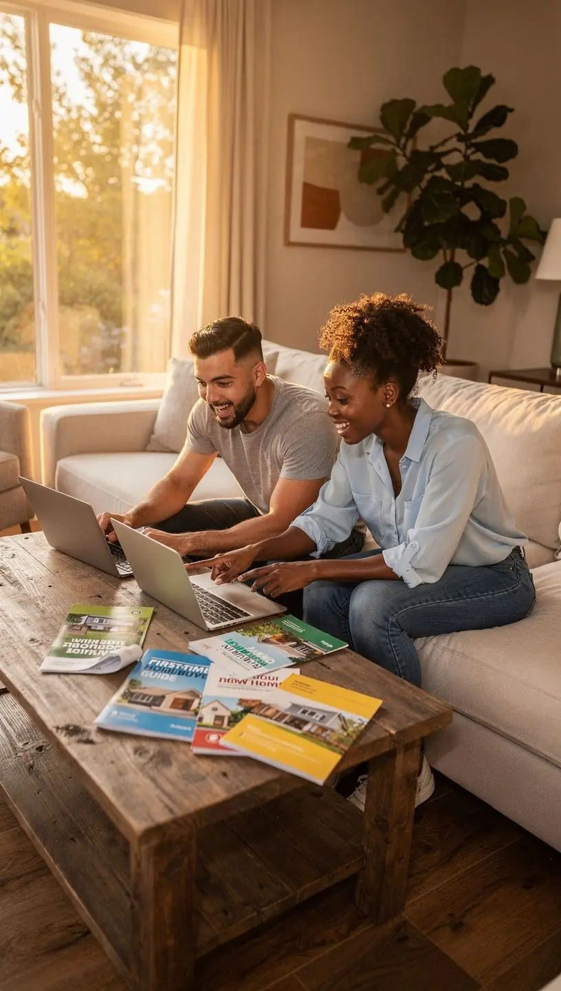 Консультант по недвижимости, обсуждающий с покупателями варианты финансирования и помощи при первоначальном взносе.