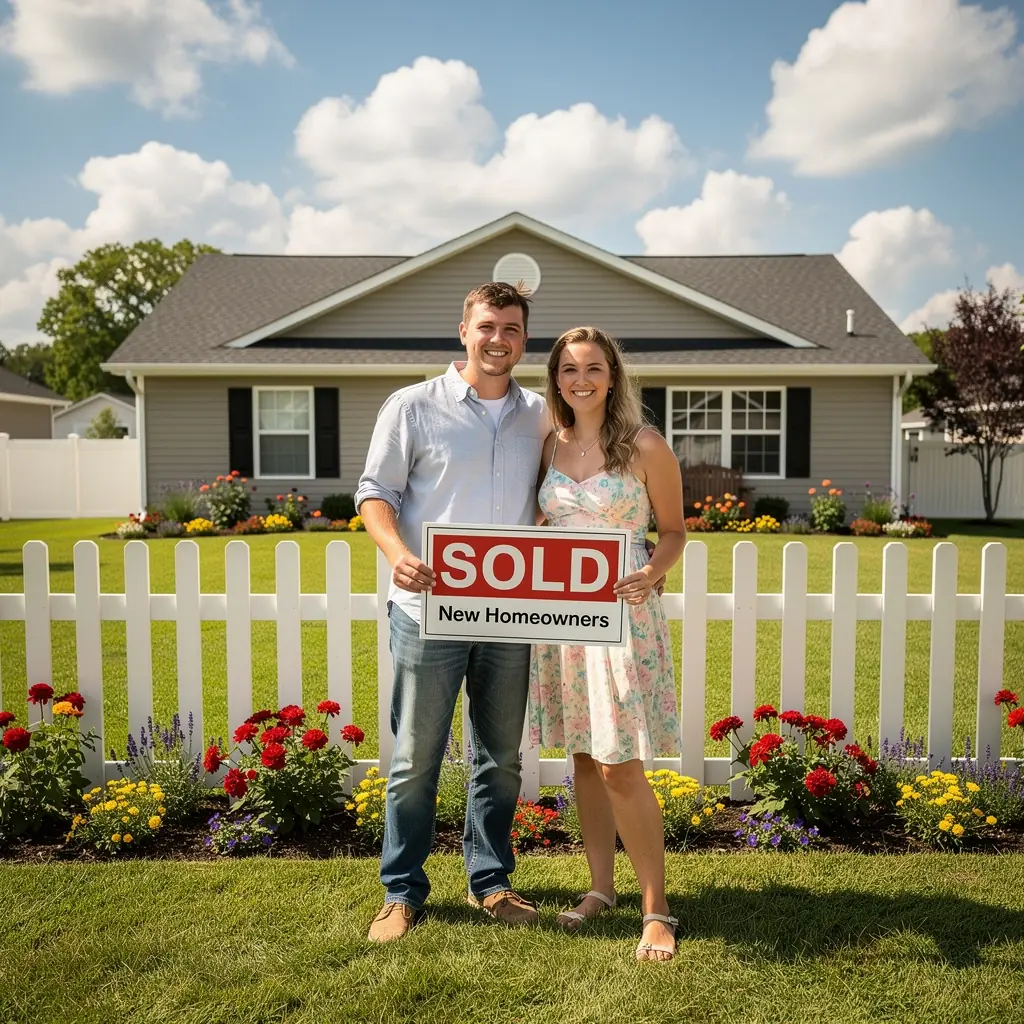 Изображение молодой семьи, радостно стоящей перед своим новым домом.